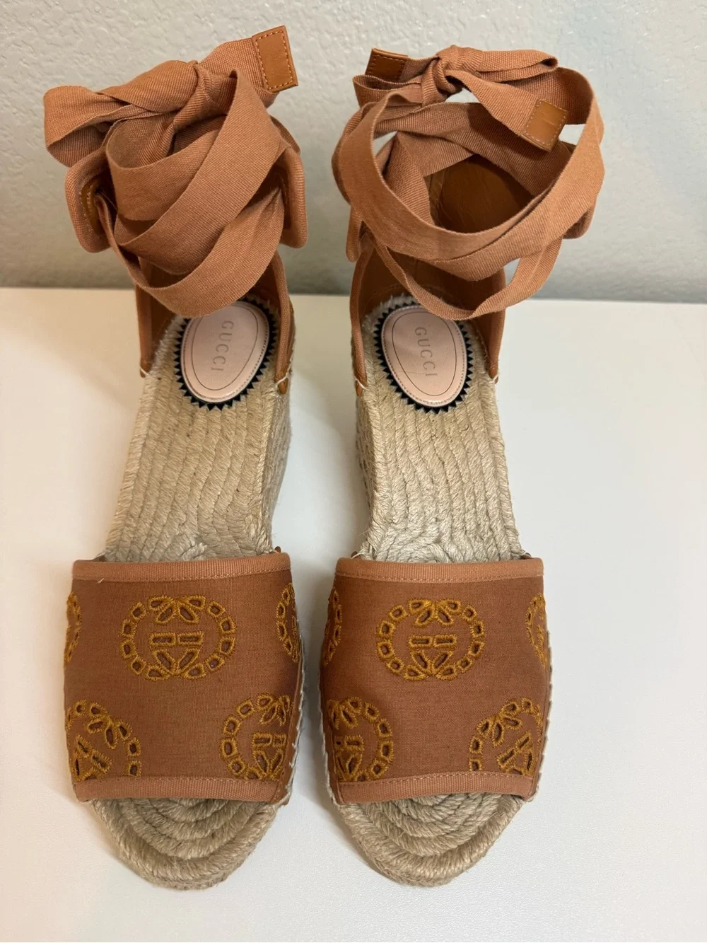Gucci Brown Embroidered Espadrille Wedge Sandals with Ankle Wraps